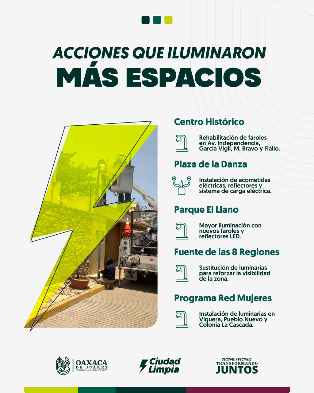 Fortalece Gobierno Municipal acciones de iluminación para una Oaxaca de Juárez más segura
