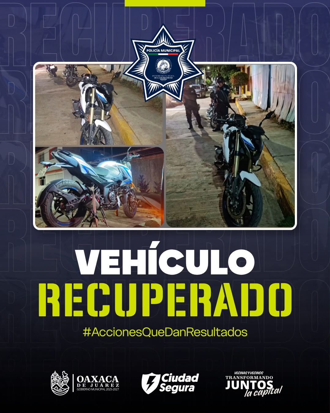 Policía Municipal de Oaxaca de Juárez recupera motocicleta con reporte de robo