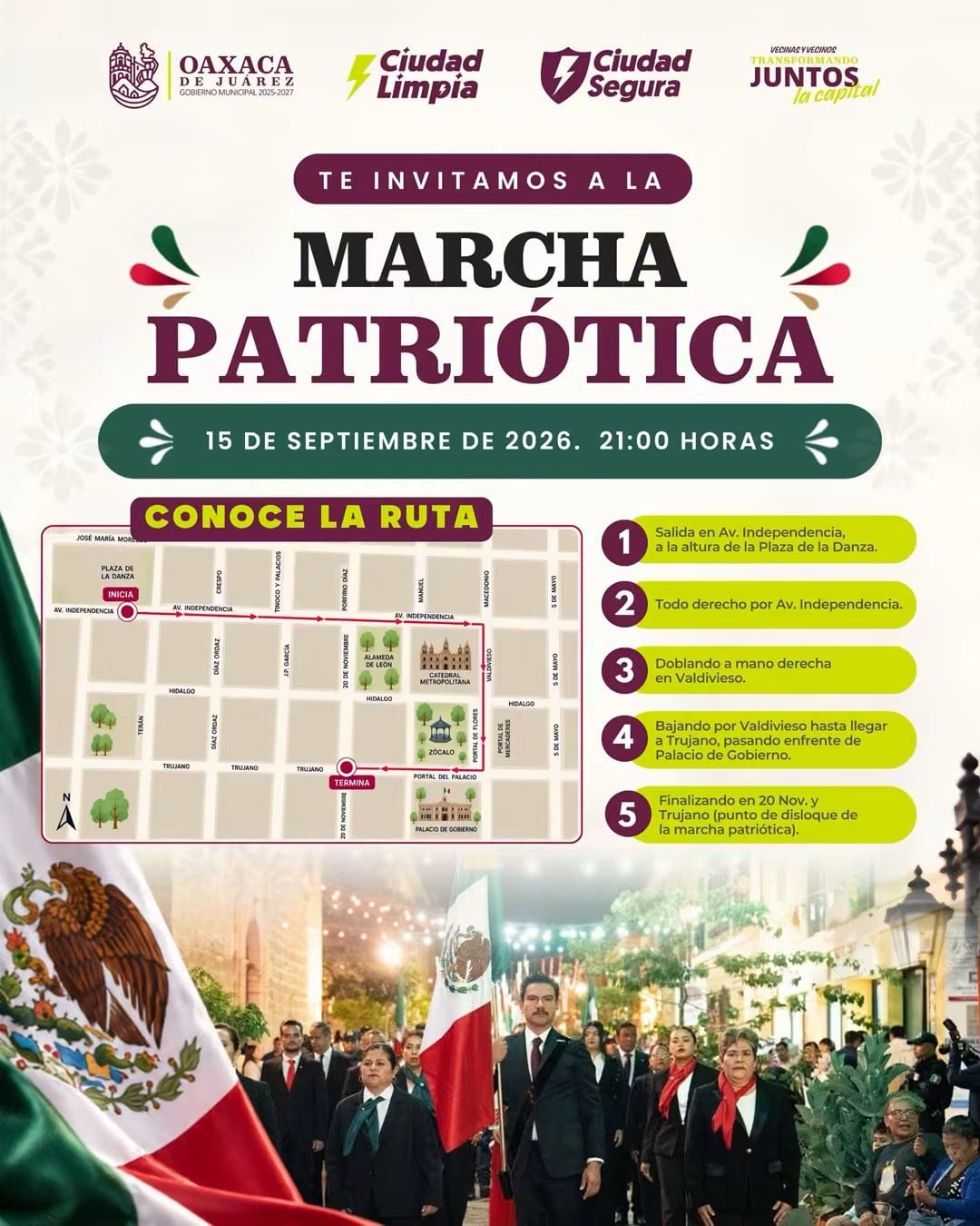 Municipio de Oaxaca de Juárez invita a vecinas y vecinos a sumarse a la Marcha Patriótica