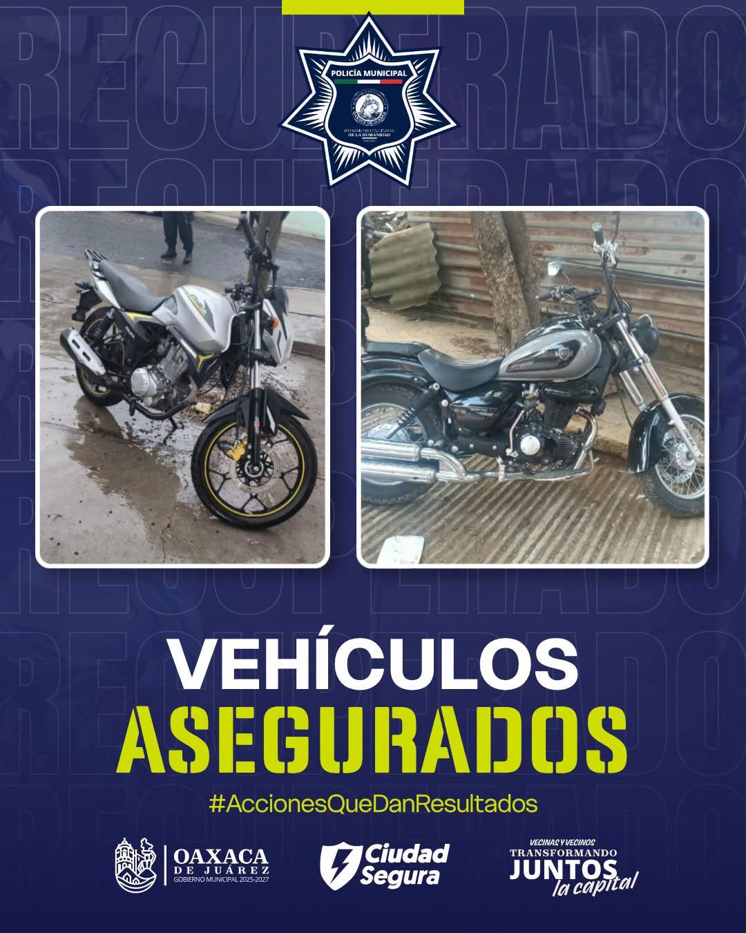 Policía Municipal de Oaxaca de Juárez asegura dos motocicletas con reporte de robo