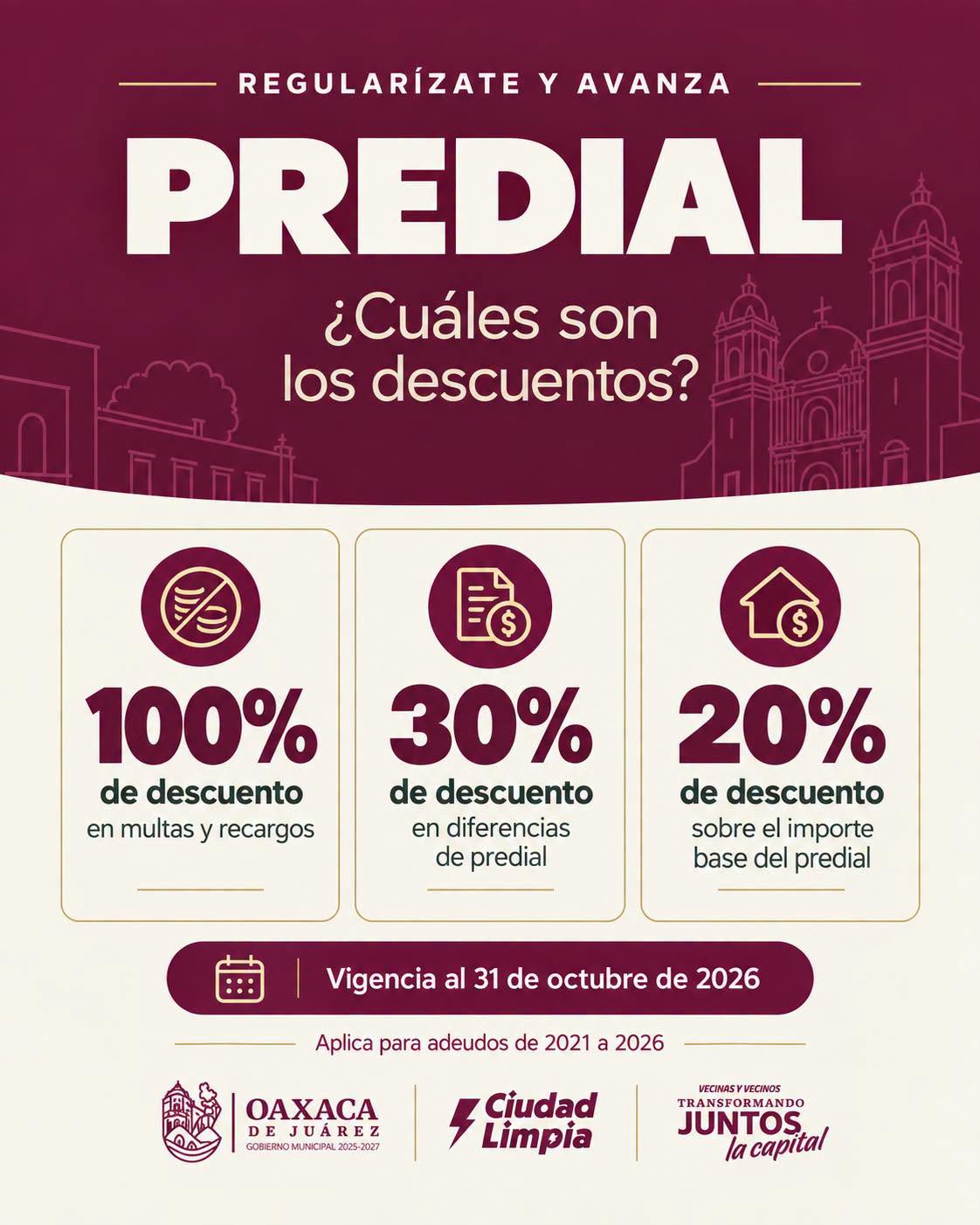 Oaxaca de Juárez ofrece descuentos para regularizar el predial