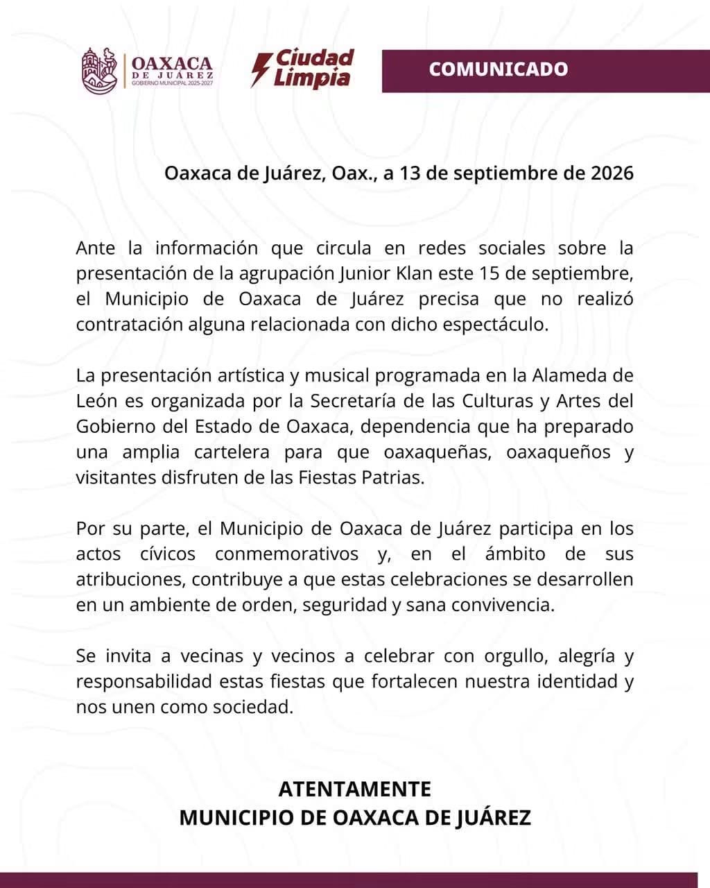 Comunicado importante del Municipio de Oaxaca de Juárez