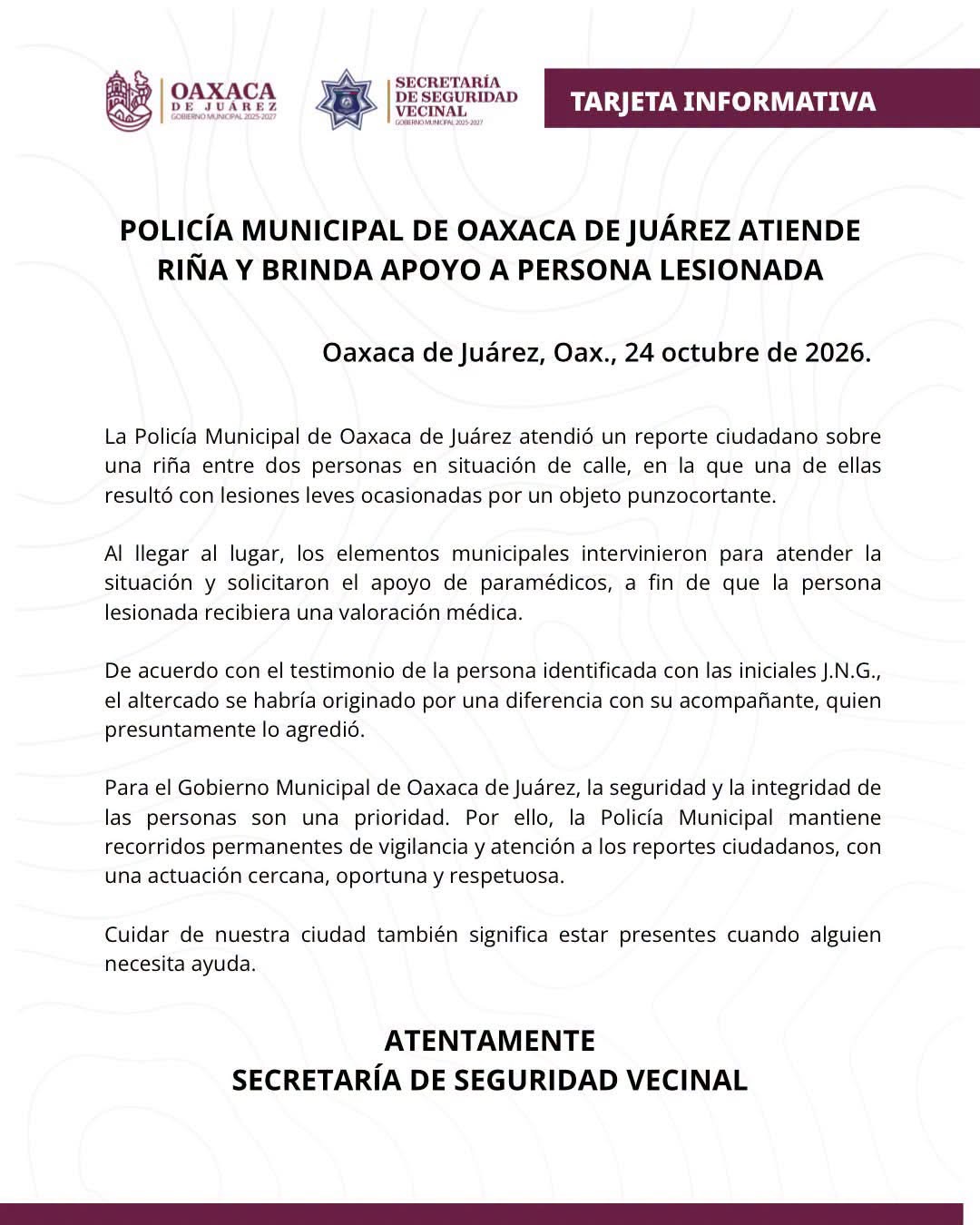 La Policía Municipal de Oaxaca de Juárez informa